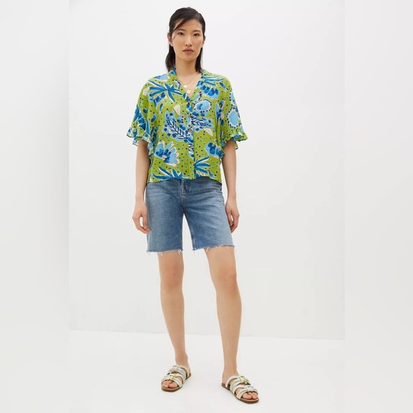 Anthropologie Green and Blue Vera Valley Flutter Short Sleeve Button Up Blouse - Picture 5 of 15